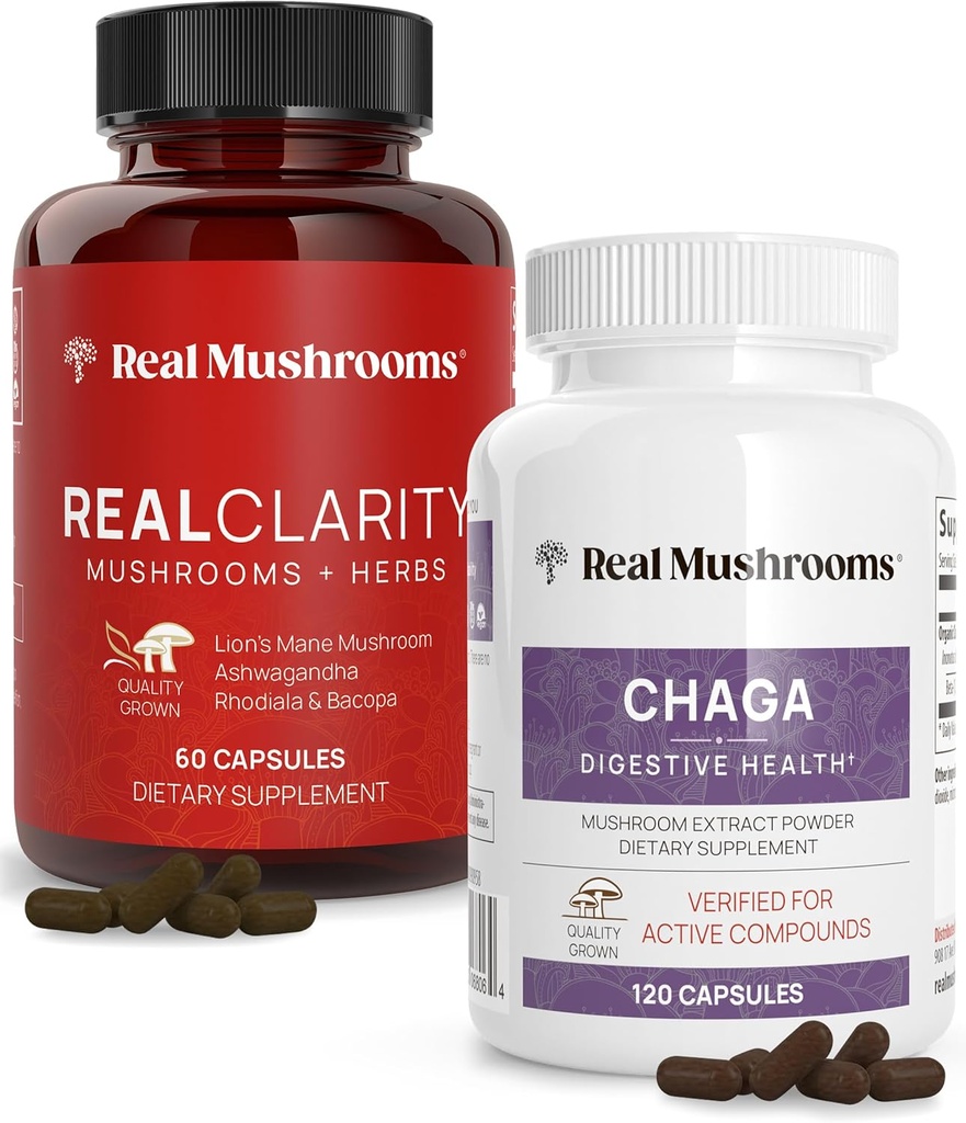 Real Mushrooms RealClarity (60ct) 및 Chaga (120ct) 캡슐 번들 - Mental Clarity, Focus, Digestive Health & Immune 지원을위한 버섯 보충 - 베타 글루칸의 검증 된 수준