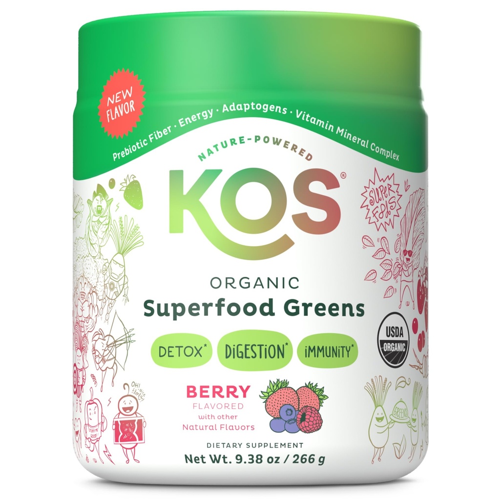 KOS Organic Superfood Greens Powder - Prebiotic Fiber, Supergreens 및 Adaptogens의 Gut Health - GMP 인증 시설로 만들어진 USDA 인증 유기 - 28 서빙 베리