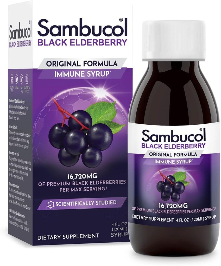 Sambucol 검정 Elderberry Syrup - Sambucus Elderberry Syrup, 까만 Elderberry 액체, 면역 지원, 아이와 성인, 높은 산화 방지제, 글루텐 자유로운을 위한 Elderberry Syrup - 본래 공식, 4 Fl Oz