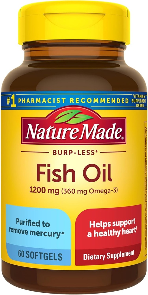 성격은 Burp 더 적은 물고기 기름 Omega 3 보충물, 1200 mg Softgels, 건강한 심장 지원을 위한 EPA DHA Omega 3 물고기 기름 보충교재, 60 Softgels, 30 일 공급