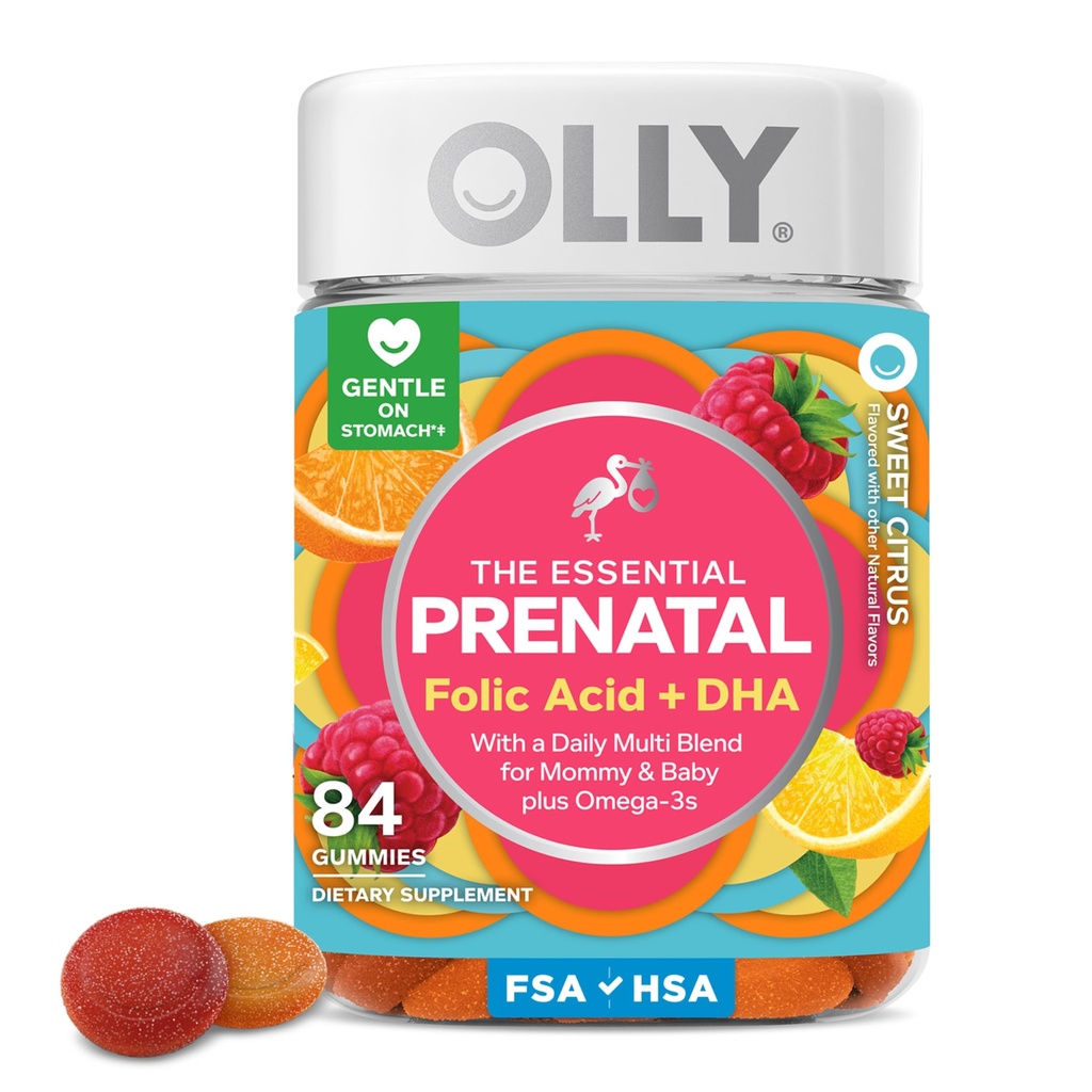 OLLY Essential Prenatal Gummy Multivitamin, Folic Acid, 비타민 D, 오메가 3 DHA, 건강한 성장과 뇌 발달, 감귤류 베리 지원 - 84 조사