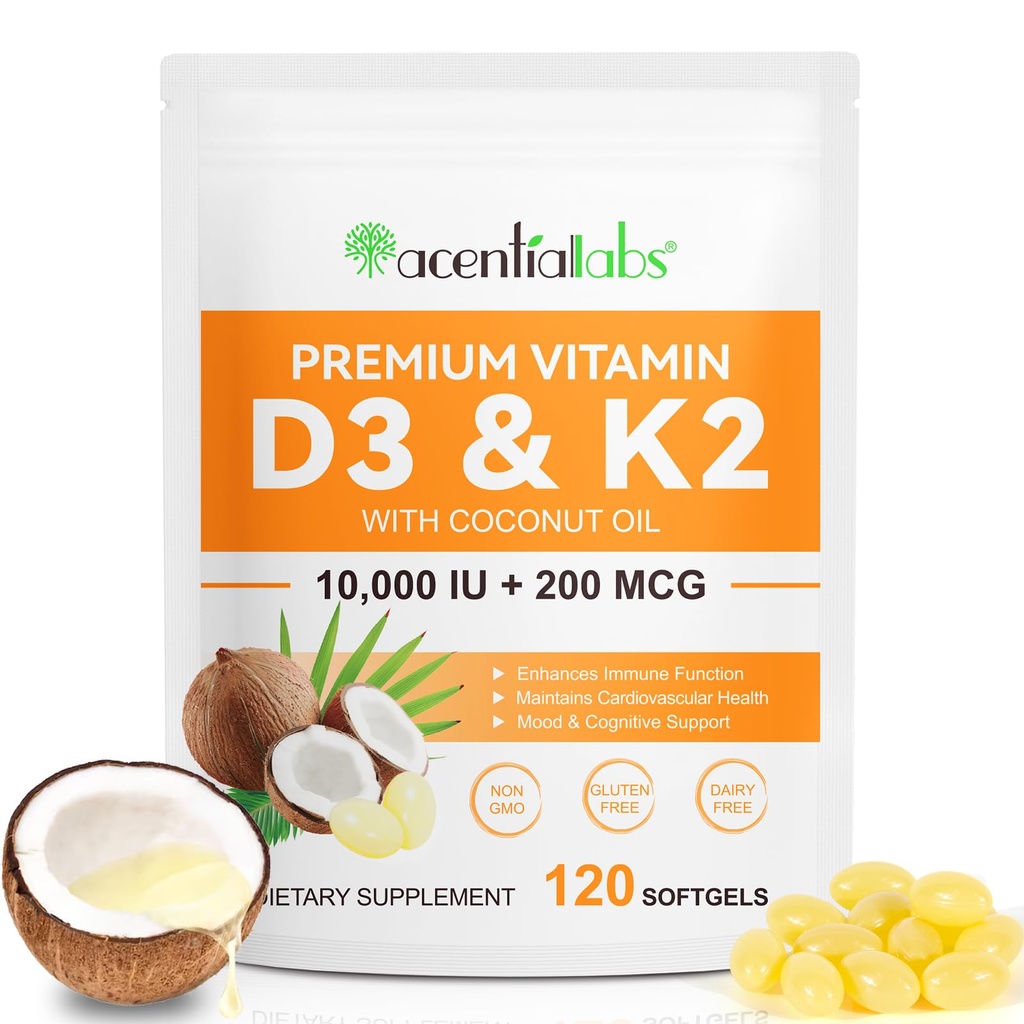 비타민 D3 K2 보충교재 Softgels, 10000 IU VIT D3 + 200 MCG K2 (MK-7) | 2-in-1 코코넛 오일, 칼슘 흡수 지원, 삼키기 120 캡슐에 쉬운.