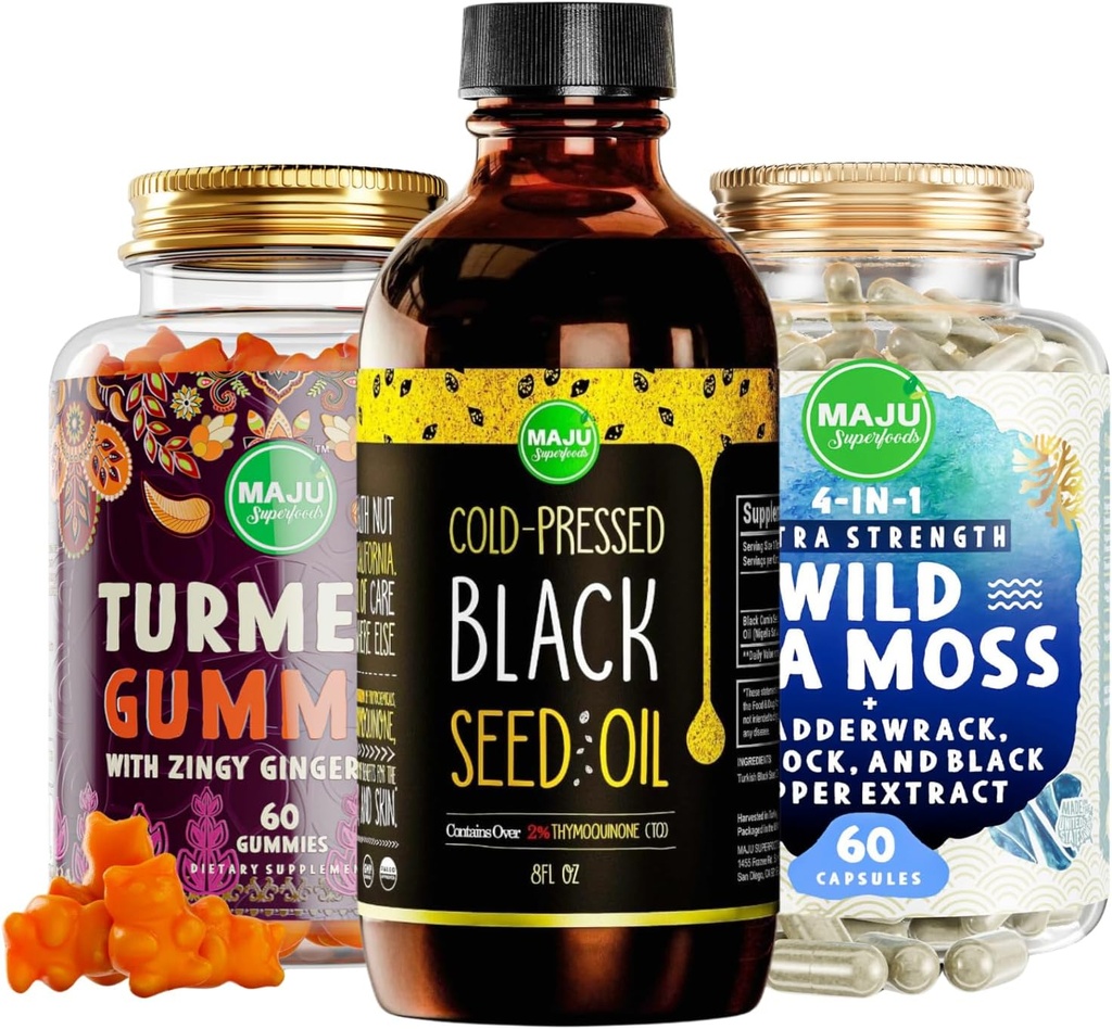 Maju Superfoods 검정씨 기름, 4에서 1 바다 Moss 캡슐 및 심황 Curcumin Ginger Gummies 뭉치