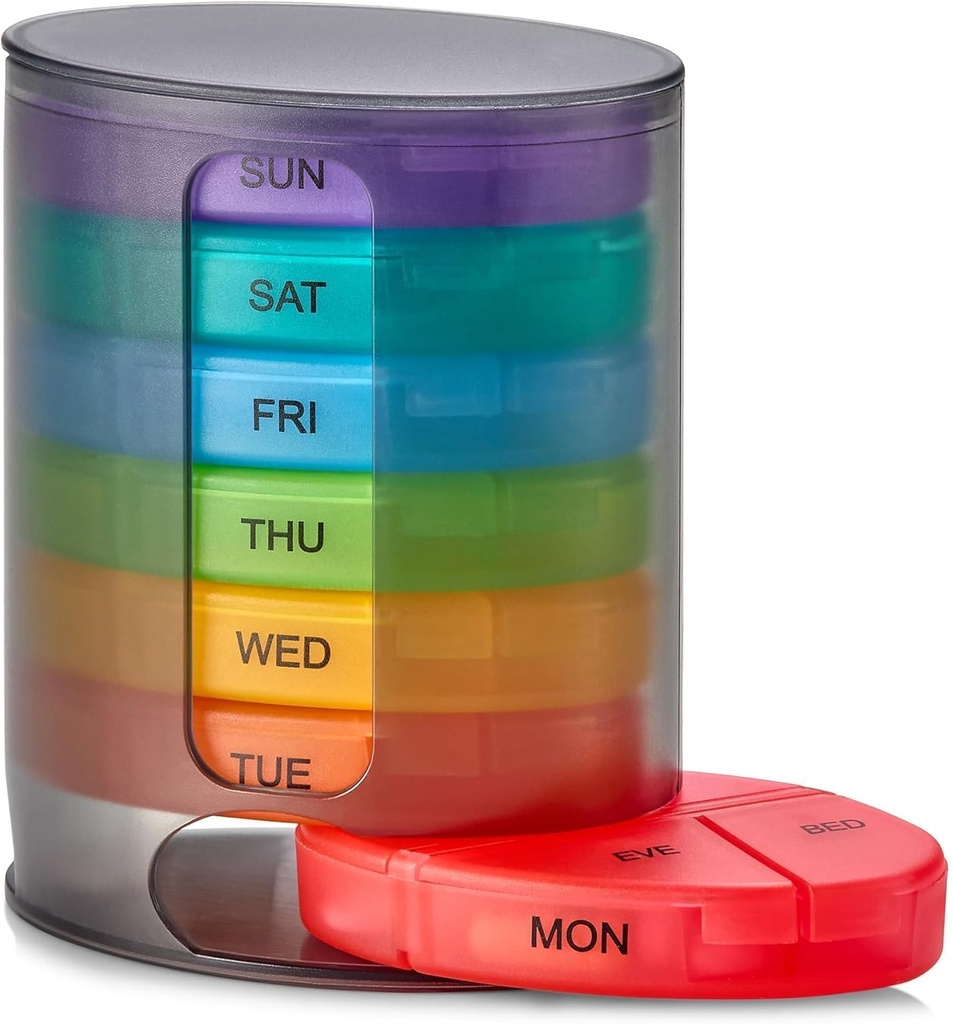 MEDca Weekly Pill 주최자, 1 디스펜서, 7 쌓을 수있는 멀티 컬러 Compartments 4 Times-a-Day - 아침, 노온, 저녁, 침대 타임, 블랙