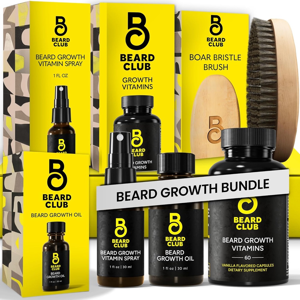 Beard Club Premium Beard 성장 키트 - 성장 오일, 비타민, 비타민 스프레이 & Boar Bristle Brush - 선물 세트