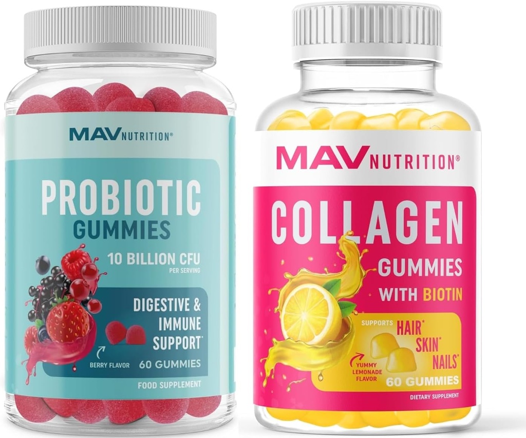 MAV NUTRITION 여성과 프로바이오틱 구미에 대한 콜라겐 구미 | 헤어, 스킨, 네일, 비타민 C, 5억 CFU의 구트 건강 지원 | 60 Gummies 각
