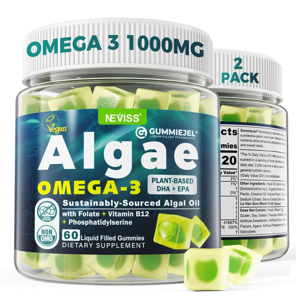 2 팩 조류 오메가 3 Gummies 1000mg의 식물 기초 DHA 460mg & EPA 230mg의 성인을 위한 오메가 3 물고기 기름 대안, 플러스 MethylFolate, 비타민 B12의 Phosphatidylserine, 물고기 맛 없음, Vegan, 설탕 자유로운