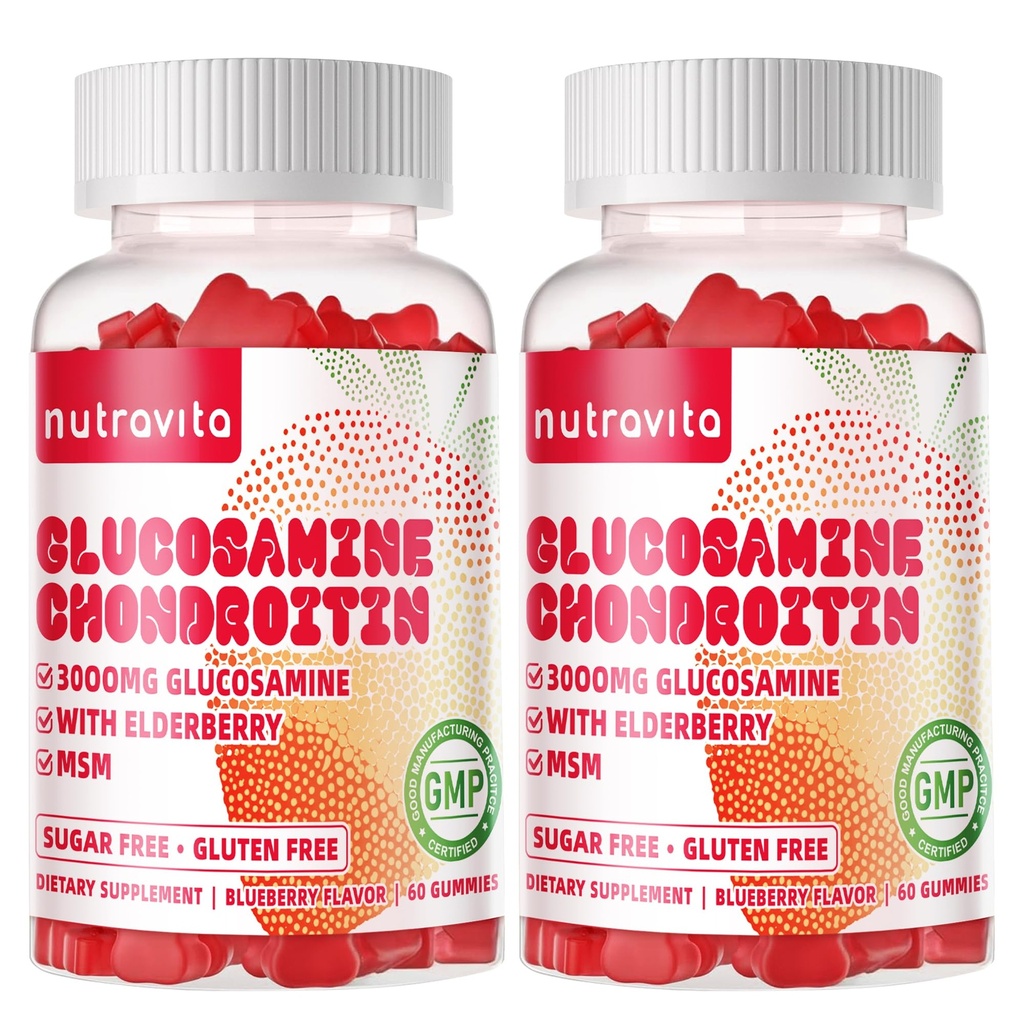 Nutravita Glucosamine Chondroitin Gummies MSM 및 Elderberry Extra Strength - 공동 지원, 성인, 남성 및 여성을위한 산화 면역 보조 면역 지원 보충교재. 120 딸기 Chews