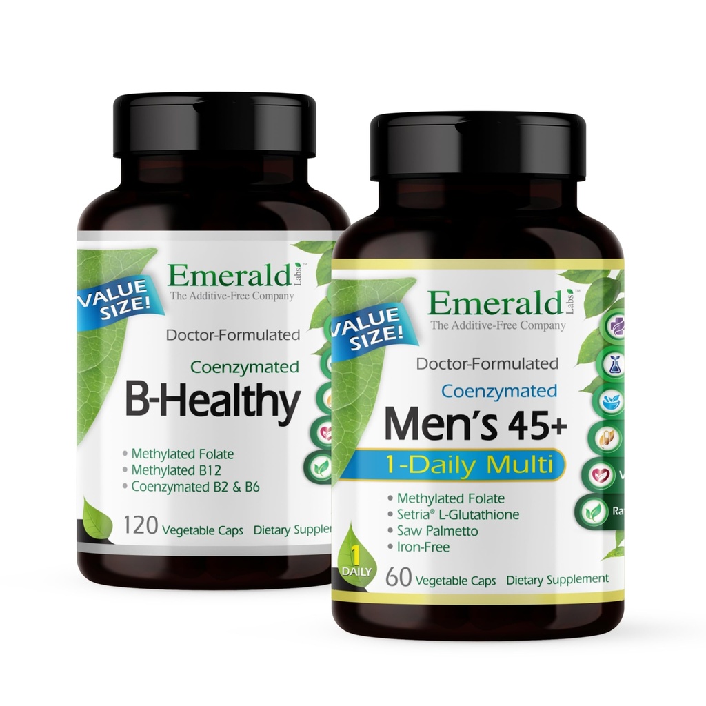 건강한 B를 가진 EMERALD LABS 뭉치 (120 Veg 모자) & 남자 45+ 1 매일 다 (60 Veg 모자) - 가득 차있는 스펙트럼 B 비타민을 가진 Vegan 비타민 B Complex - CoQ10, Lycopene & 더 많은 것을 가진 남자 Multivitamin
