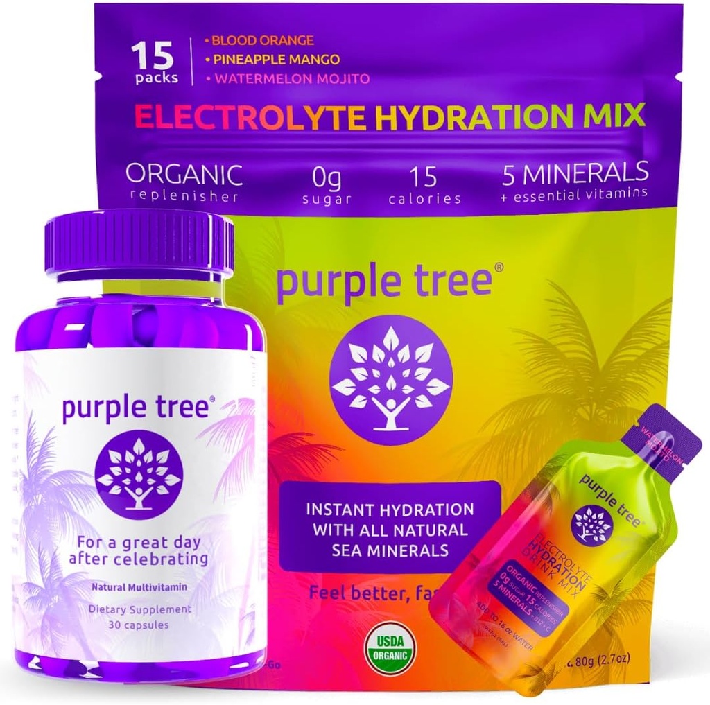 보라색 나무 포스트 셀러브레이션 Wellness + Hydration Electrolyte Packets | 유기 Rehydration, Happy Liver | 30ct Bottle + 15 Hydration Sticks for Water