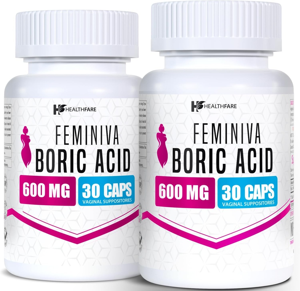 Healthfare Feminiva Boric Acid Suppositories | 2-Pack | 30 질 좌약 각 | 600mg | 100 % 순수 | 미국에서 제작