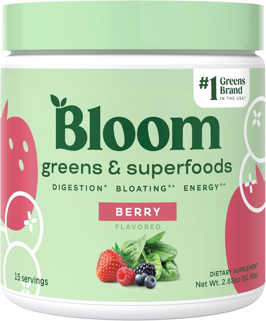 Bloom Nutrition Superfood Greens Powder, Digestive Enzymes w/Probiotics & Prebiotics, Gut Health, 여성을위한 부유 한 완화, Chlorella, 15 SVG (15 서빙 (팩 1), Berry)