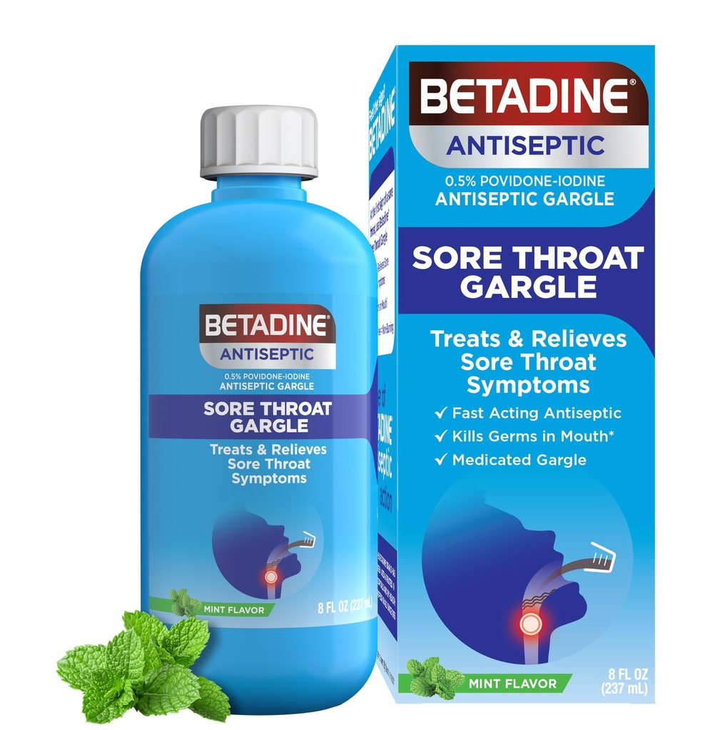 Betadine 방부제 Medicated Gargle, Povidone-Iodine 0.5%, 치료 및 구호 Sore Throat 증상, Temporarily 감소 Germs 일반적으로 입, Mint 맛, 8 FL OZ에서 발견