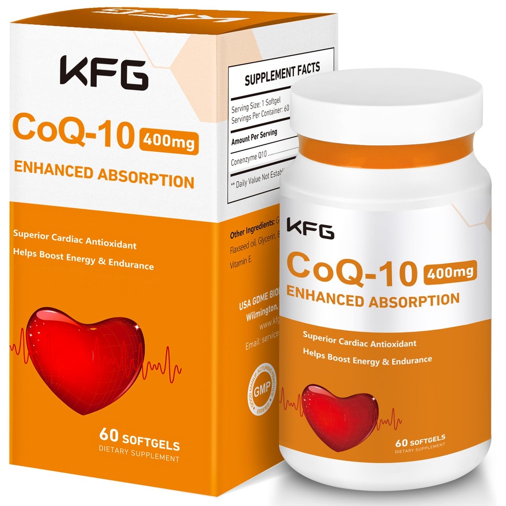 KFG CoQ10 400mg Softgels의 Coenzyme Q10는 심장 건강, 심혈관 건강, 면역 체계 & 세포 에너지 생산, 글루텐 자유로운을 보충합니다