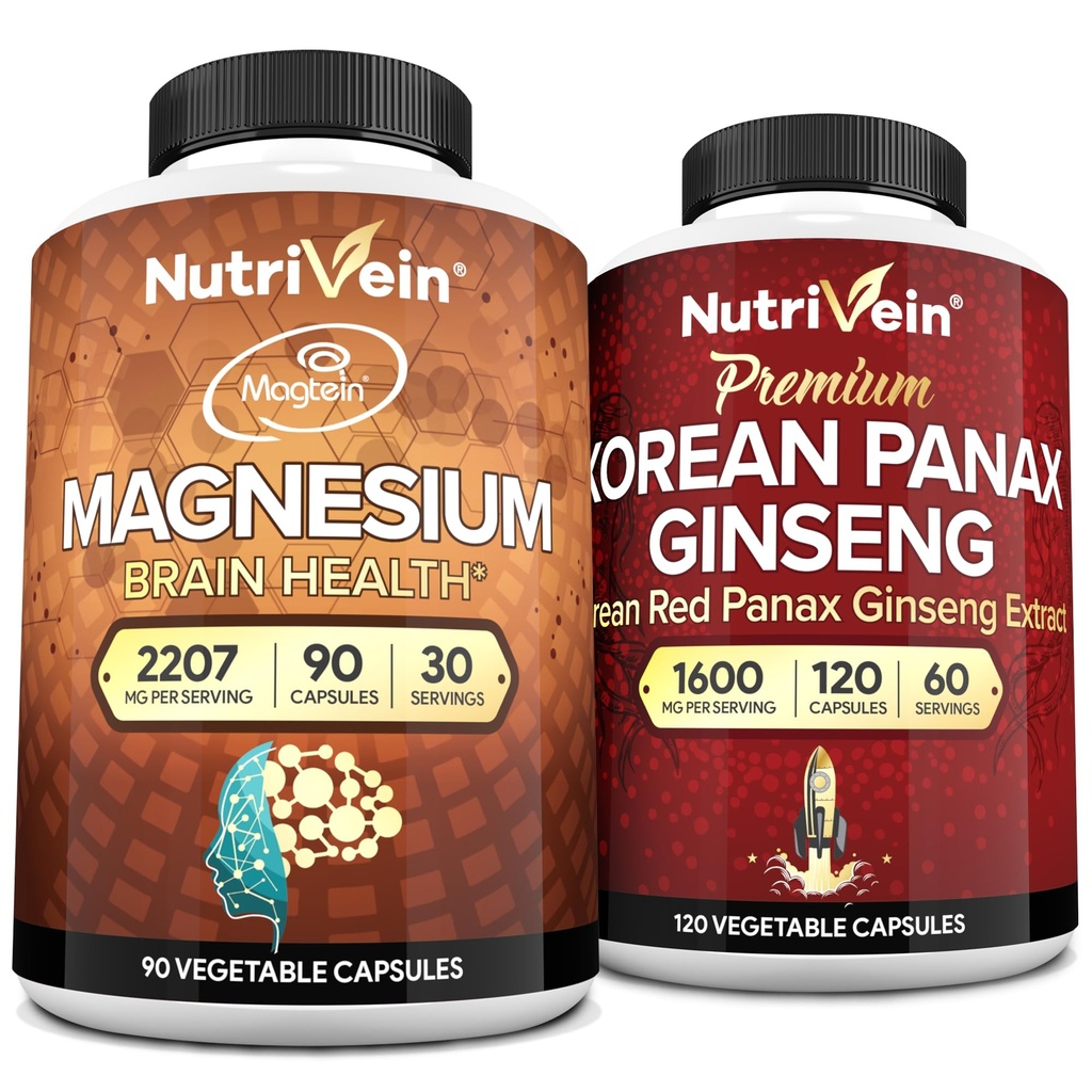 Nutrivein Premium Magnesium L-Threonate & Panax Ginseng 보충 번들 : 높은 흡수 마그네슘 Threonate and Red Ginseng Supplement Pair for Brain, Mood 및 Vitality