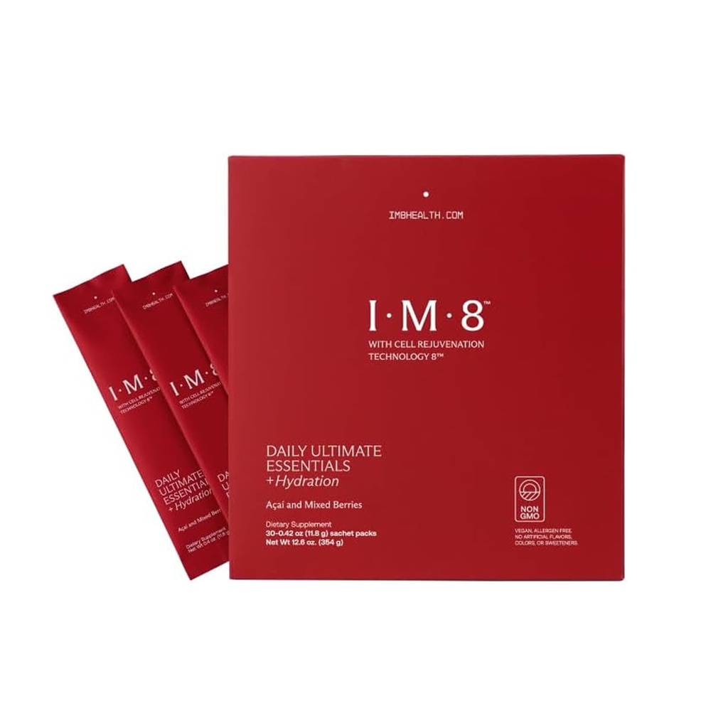 IM8 Daily Ultimate Essentials All-in-One Multivitamin 보충, 92 Nutrient Rich Ingredients CoQ10, Probiotics, Vitamins, Greens, Gluten Free, Vegan, Acai 혼합 Berry (30 서빙, 여행 팩)