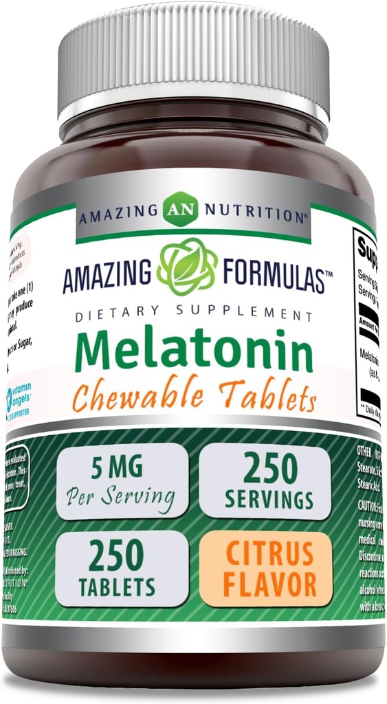 Amazing Formulas Melatonin Chewable Supplement | 5 Mg Per 서빙 | 250 타블렛 | Non-GMO | 글루텐 프리 | 미국 (크루트 맛)