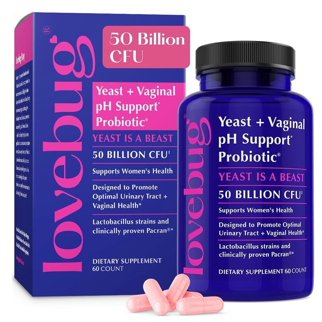 여성 pH 밸런스 및 Urinary Tract, 50 Billion CFU, UTI, BV, Lactobacillus, Bifidobacterium, Digestive & Vaginal Health Supplement 60 캡슐을 지원하는 Lovebug Yeast 및 Vaginal Probiotics