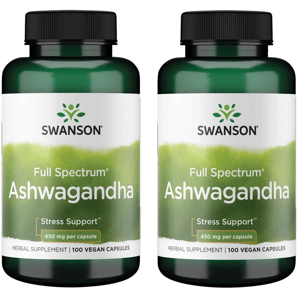 Swanson Ashwagandha 분말 보충교재 - 긴장 기복 & 에너지를 승진시키기 위하여 Ashwagandha 뿌리로 - 자연적인 웰니스 (100 캡슐, 450mg 각각)를 위한 Ayurvedic 보충교재 2 팩