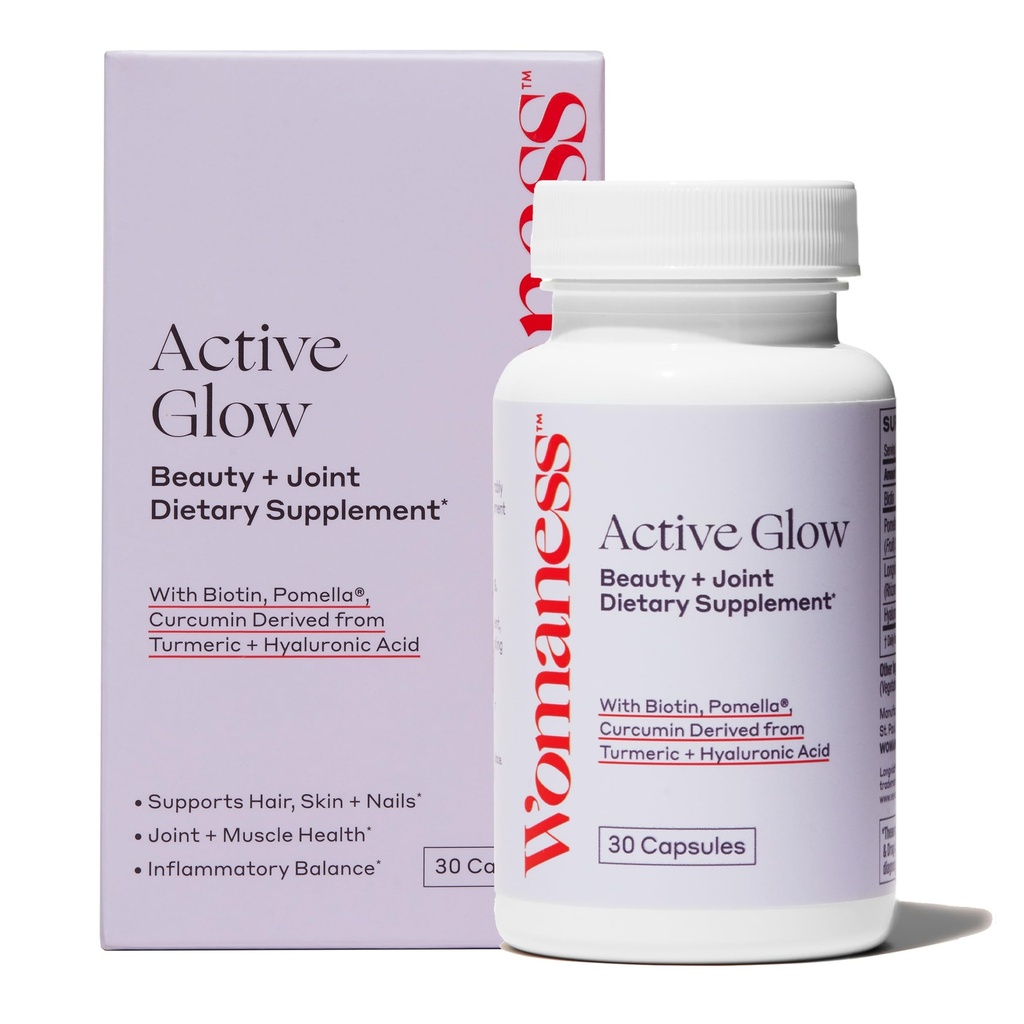 Womeness Active Glow Hair Skin and Nails Vitamins - Biotin, Longvida Curcumin & Hyaluronic 산은 합동 건강을 위한, 건조한 피부 & 희게하는 머리 (30의 캡슐)를 보충합니다