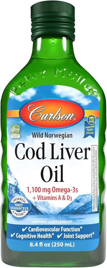 Carlson - Cod Liver Oil 1100 mg Omega-3s Plus Vitamin A & D3 - Wild Caught EPA DHA Omega 3 보충 - 노르웨이어 Arctic, 지속 가능한 Sourced Nordic Fish Oil Liquid, Unflavored, 250 mL (8.4 Fl Oz)