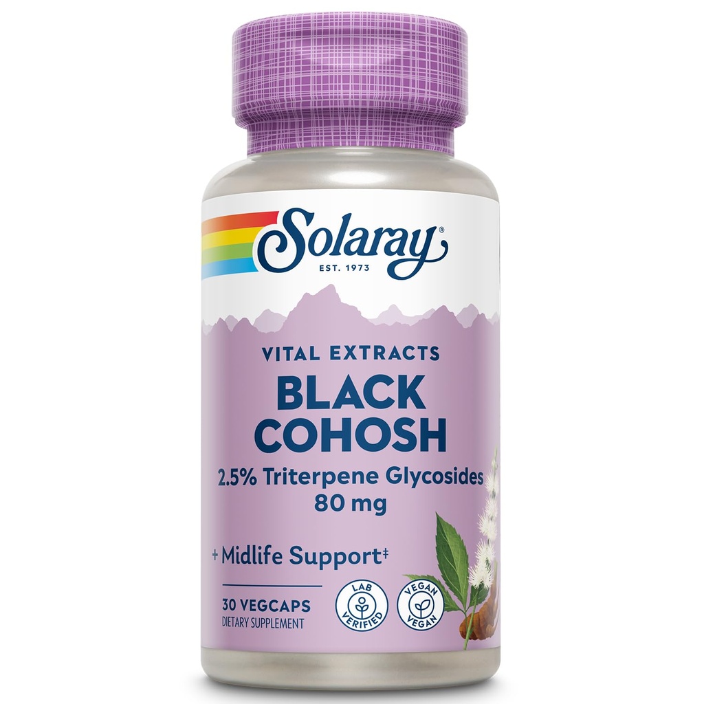 SOLARAY Black Cohosh Root Extract 80 mg | 일일 여성 건강 및 남성 지원 보충교재 | Non-GMO, Vegan & Lab Verified | 30 VegCaps