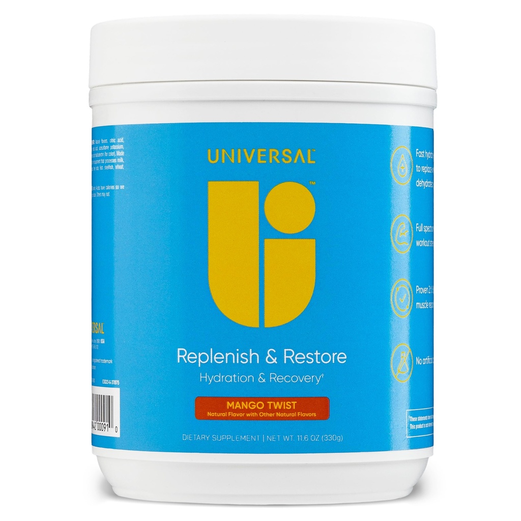 범용 U Replenish & Restore Powder, Hydration & Recovery, 근육 수리 및 성장 촉진, 사용자 정의 투약, L-Lysine, L-Glutamine, L-Tryptophan, 인공 맛 없음, 30 서빙 (망고 트위스트)