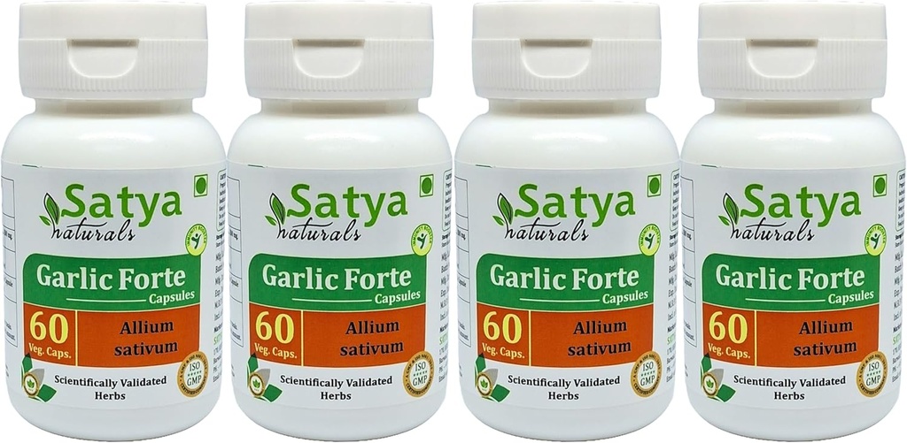 마늘 캡슐 500 mg. 60 Veg. 캡슐 | 라산 (Allium Sativum) 남성과 여성용 캡슐 | Ayurvedic Herbal Supplement/Remedies | 10:1 Forte (4 병 60 캡슐)
