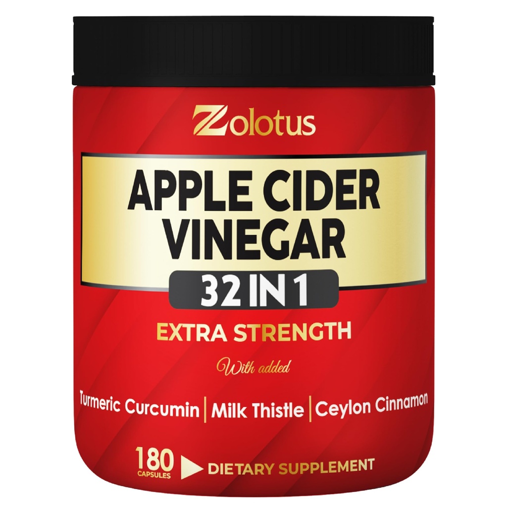 Zolotus 32in1 Apple Cider Vinegar 캡슐은 Turmeric, Cinnamon, 우유 이틀, Elderberry, Quercetin 및 더 많은 지원 소화, 면역 - 180 캡슐