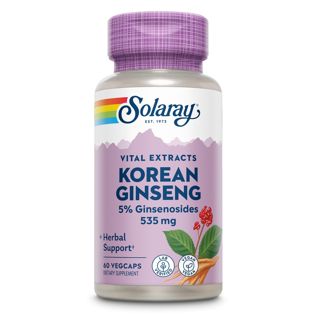 SOLARAY Korean Ginseng Root Extract - Occasional 스트레스, 에너지 및 물리적 내구시간을위한 초본 지원 - 5 % Ginsenoside - Vegan, Lab Verified - 60 서빙, 60 VegCaps