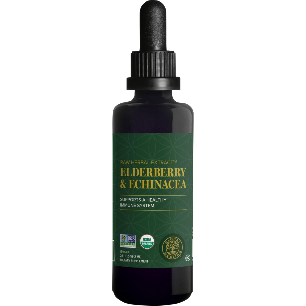 Global Healing USDA Organic Elderberry & Echinacea Liquid Supplement Tincture | 성인 및 어린이, Vegan, Non-GMO, 1 개월 공급 (2 Oz)을위한 Harmful Organism에 대한 항산화 면역성 면역성 지원