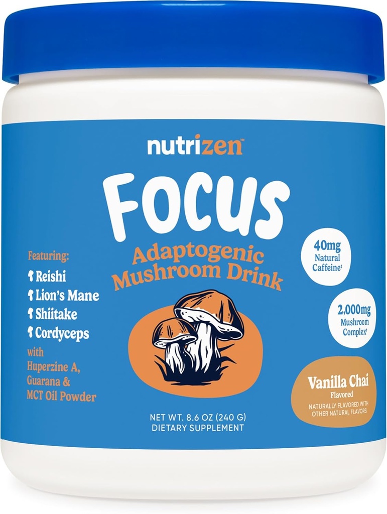 Nutricost Nutrizen AM 초점 Adaptogenic 버섯 음료 (Vanilla Chai flavored) 30 서빙 - Reishi, Lion's Mane, Shiitake, Cordyceps 포함