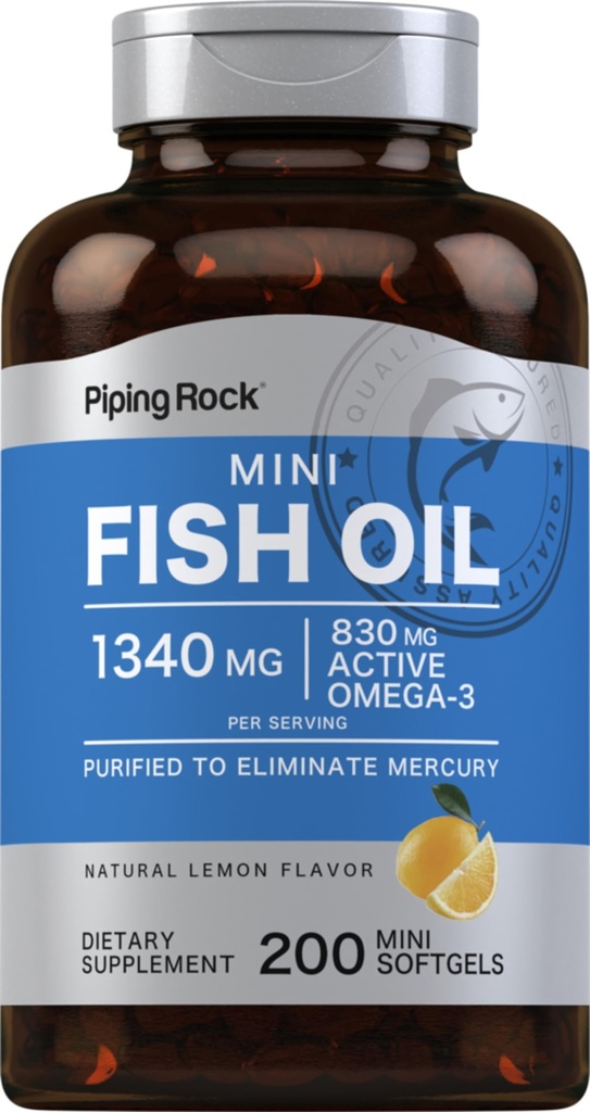 Piping Rock Mini Fish Oil 1340mg | 200 Softgels | 남성용 오메가-3 보충 | 레몬 맛 | 비 GMO 및 글루텐 프리