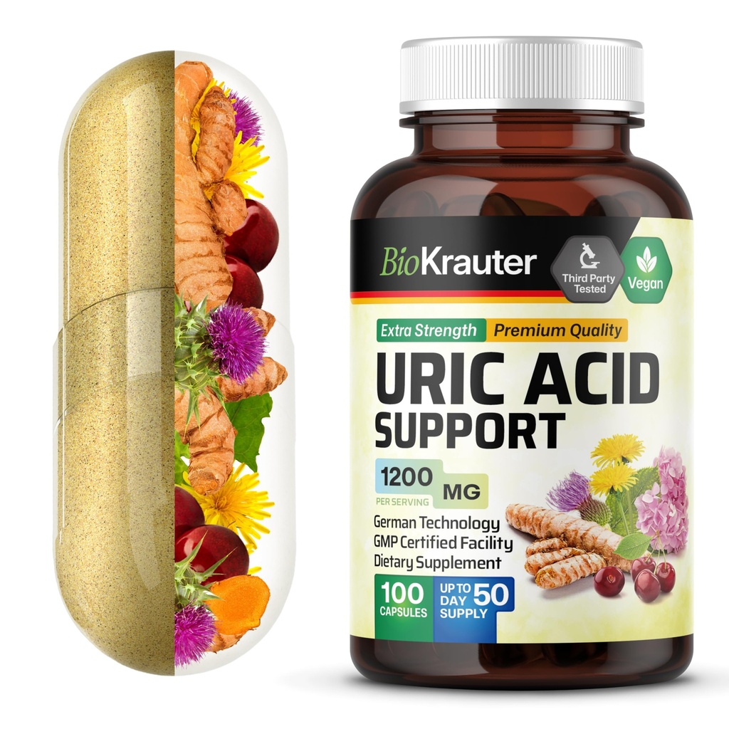 BIO KRAUTER Uric 산성 지원 캡슐 1200 mg 혼합 - 100개 조사 - Kidney Supplement w/Tart Cherry 10:1 추출물 - 우유 이틀 & 심황 추출물 - Vegan