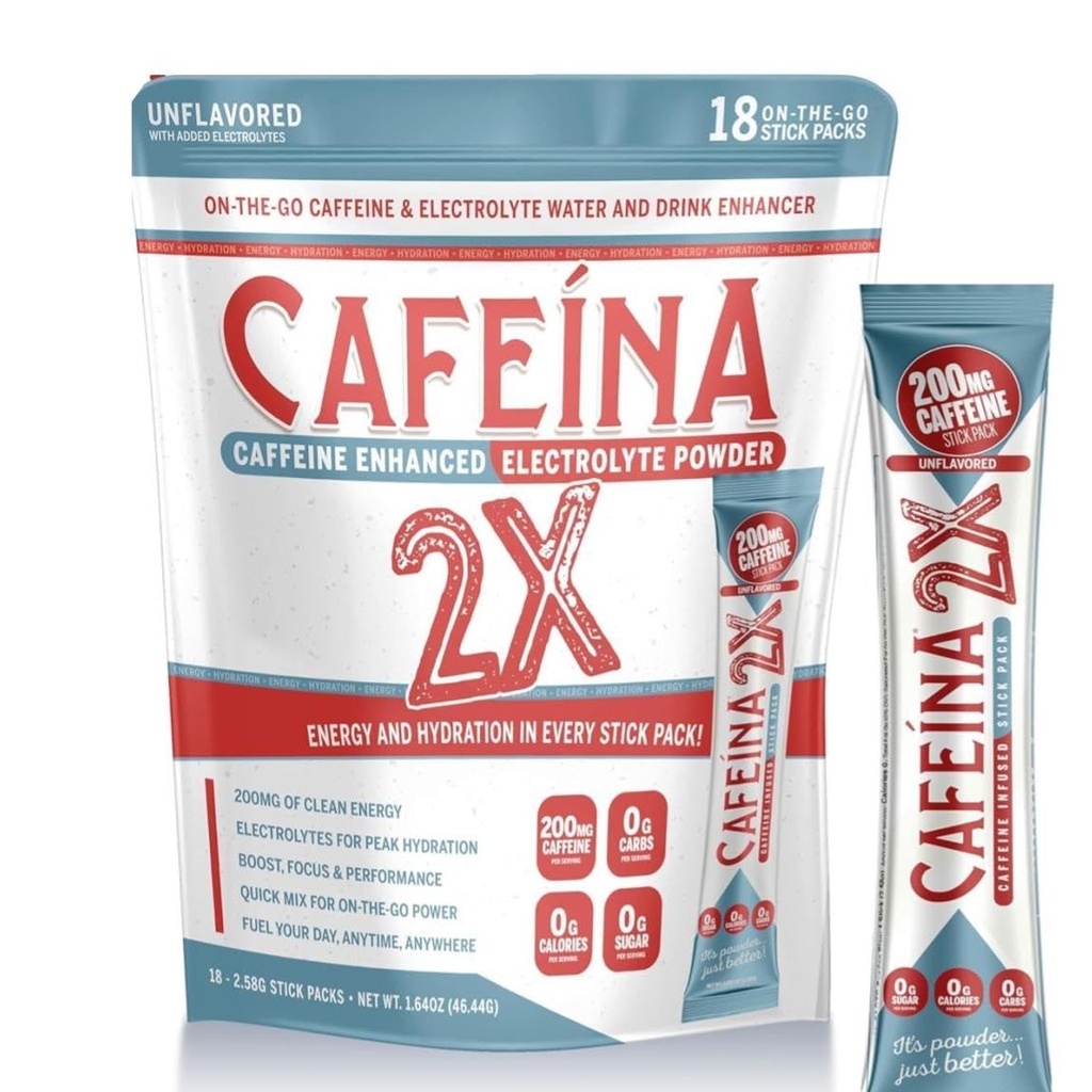 CAFEINA 2X - 200mg 카페인과 전자 주입 분말 스틱 팩 (18 개)