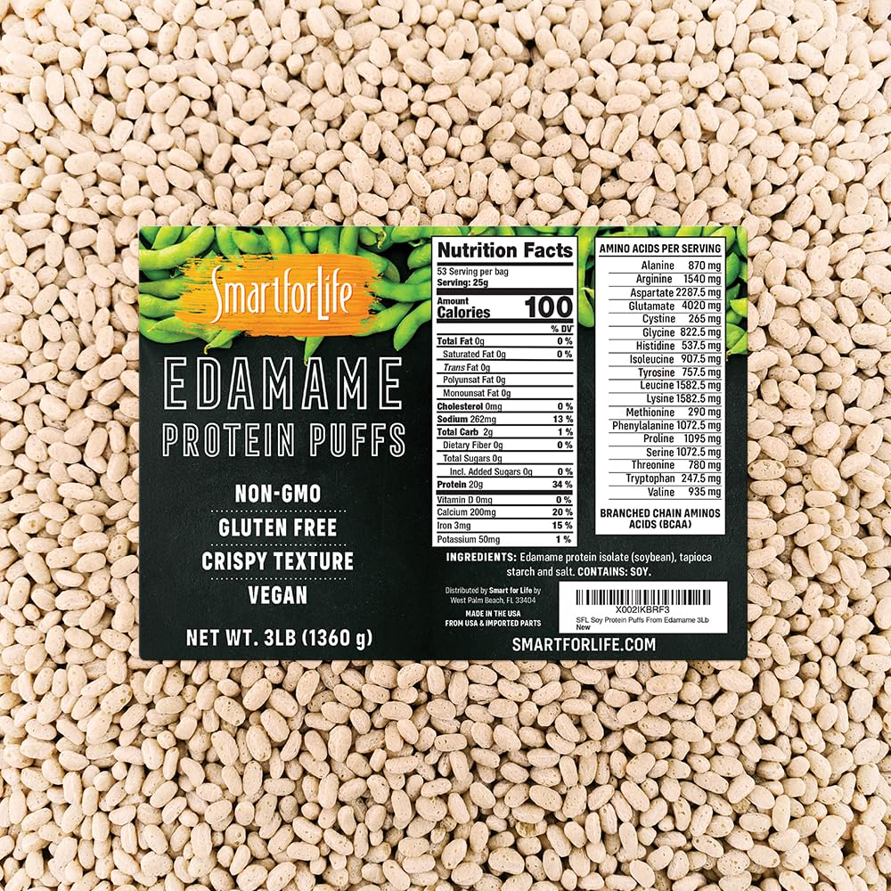 Edamame - 고단백 Zero Sugar Soy Protein Isolate Puffs - 20 Grams Protein Snacks - Non-GMO, Gluten-Free - 3 Pound Box - 53 서빙 - Soy Puffs ...