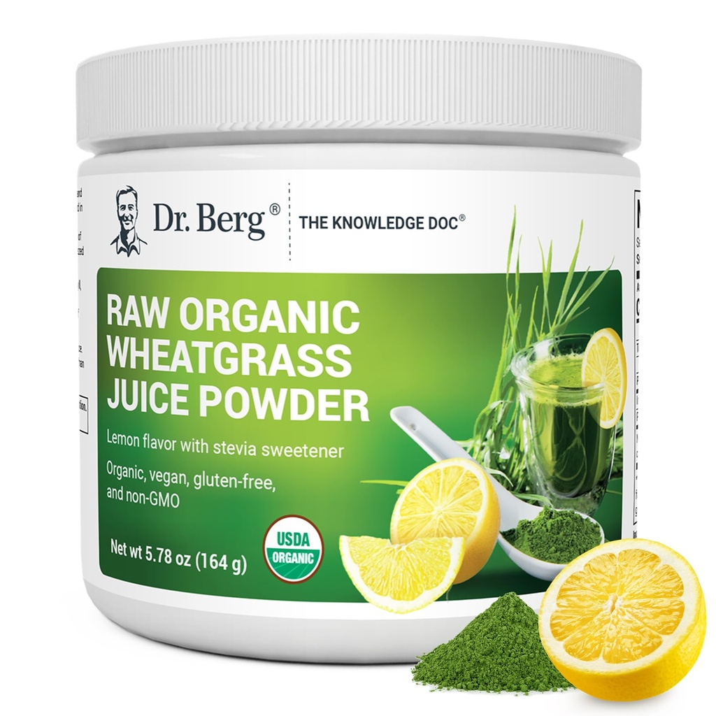 Dr. Berg USDA 인증 유기 녹색 분말 Superfood (60 서빙) - Raw Wheatgrass, Chlorophyll, Trace Minerals & Natural Enzymes - Non-GMO Green Superfood Powder - 레몬 맛