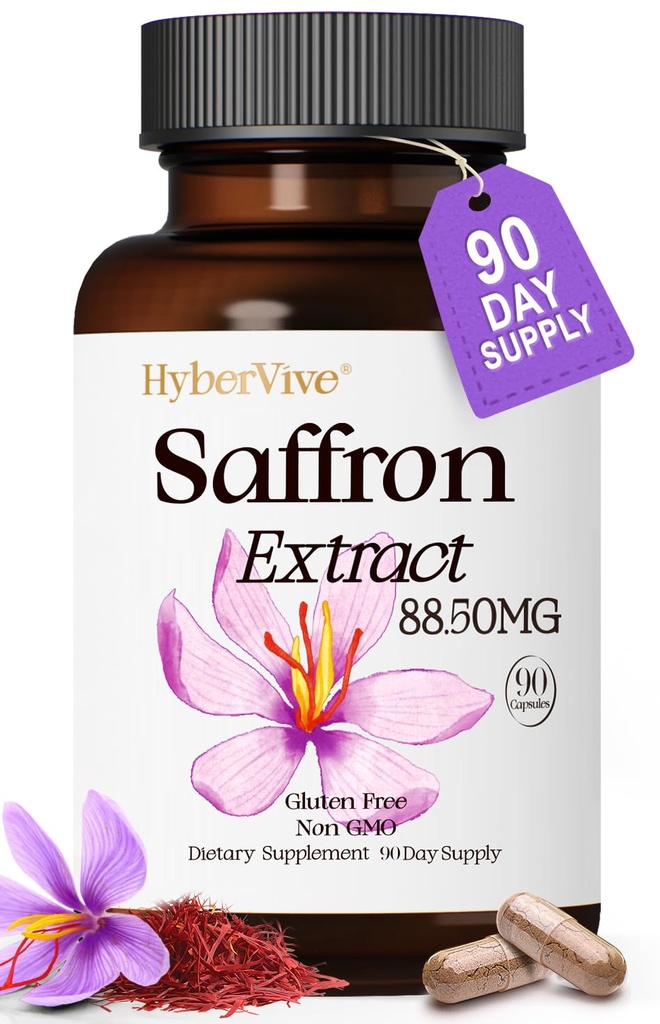 Saffron 보충제 88.5MG | 90 Vegan 캡슐, Mood Energy Eye Focus Support for Women & Men, 100% 순수 성분, 미국에서 만든, 비 GMO & 글루텐 프리