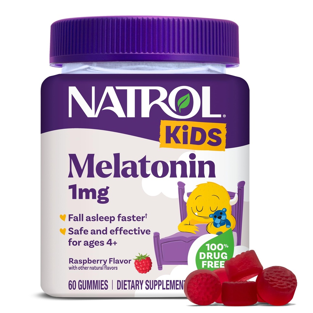 Natrol Kids Melatonin Gummies 1mg, 수면을위한 어린이 Melatonin, 60 Raspberry-Flavored Sleep Gummies, 60 Day 공급