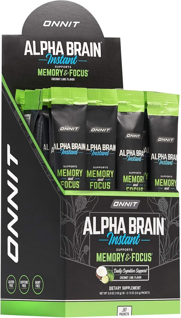 ONNIT Alpha Brain Instant - 코코넛 라임 맛 - Nootropic Brain Booster Memory Supplement - Focus, Energy & Clarity에 대한 두뇌 지원 - Alpha GPC Choline, Cats Claw, L-Theanine, Bacopa - 30ct