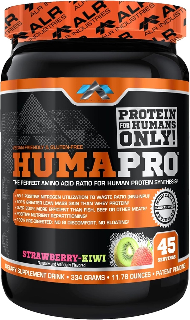 Humapro | 인간을 위한 아미노산 단백질 모체 | Lean 근육을 위한 99% 이용 | Vegan, Gluten Free | 334g / 45 인분 (Strawberry Kiwi)