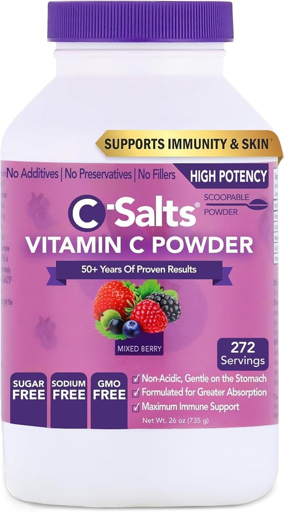 C-Salts 비타민 C 분말 보충교재 - 100% Immune 지원을 위한 순수한 높은 복용량 버퍼레이트 비타민 C 분말 - 유기, 설탕 자유로운, Vegan, 비 GMO, Stomach-Friendly, 혼합 Berry 26oz