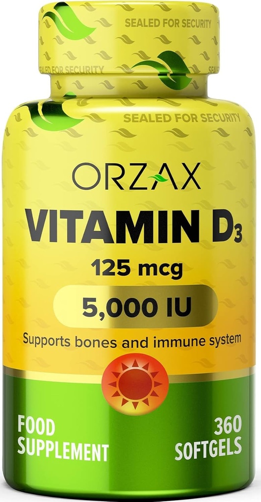 ORZAX 비타민 D3 5000 iu (125 mcg) - 비 GMO, 글루텐 무료, 설탕 무료, 낙농장 무료 - 강한 근육 기능 및 면역 지원을위한 1 년 공급 - 웰니스 (360 Softgel)을위한 무드 보충
