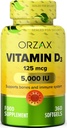 ORZAX 비타민 D3 5000 iu (125 mcg) - 비 GMO, 글루텐 무료, 설탕 무료, 낙농장 무료 - 강한 근육 기능 및 면역 지원을위한 1 년 공급 - 웰니스 (360 Softgel)을위한 무드 보충