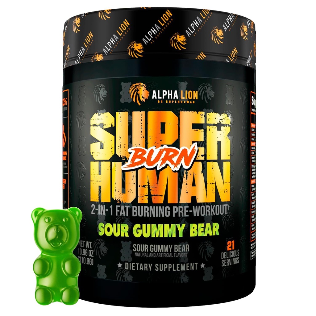 ALPHA LION Superhuman Burn – 2 in 1 Metabolism Booster Pre Workout and Thermogenic Fat Burner for Men – 식욕 억제 및 체중 감량 보충 (21 서빙, Sour Gummy Bear)