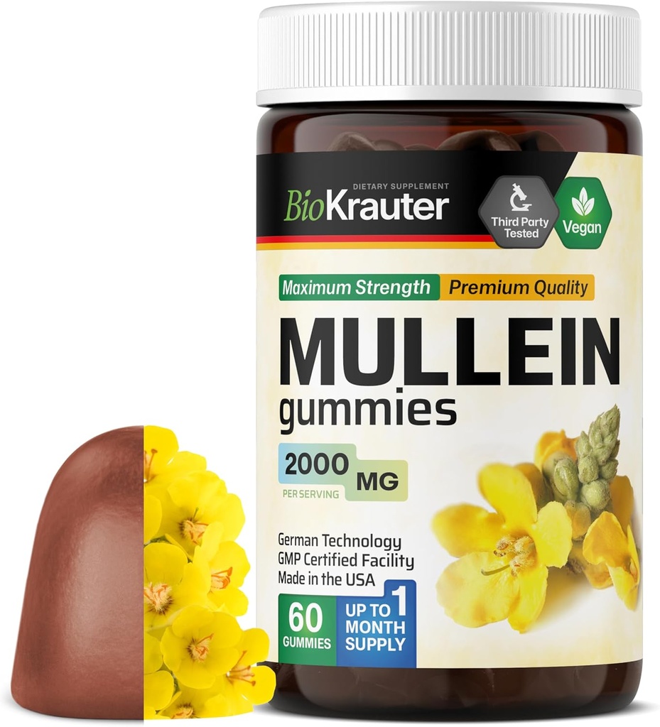 BIO KRAUTER Mullein Gummies for Lungs 2000 mg - 60 Chews - Lung Detox Supplement - Mullein 잎 Gummies - 채식, 젤라틴 - 무료