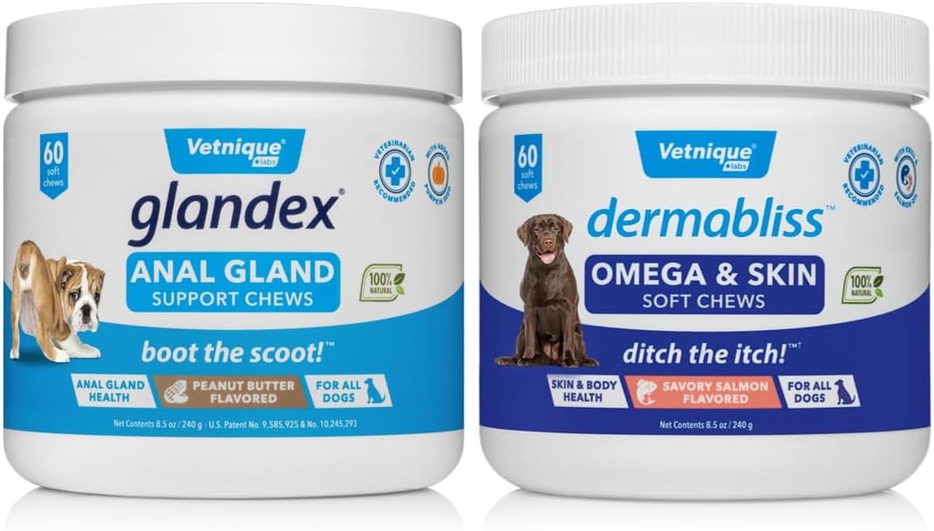 VETNIQUE Dermabliss Omega & 피부 보충교재는 개 (60ct) & Glandex 항문 동맥 지원 땅콩 버터를 위한 연약한 가슴 (60ct) 뭉치를 묶습니다