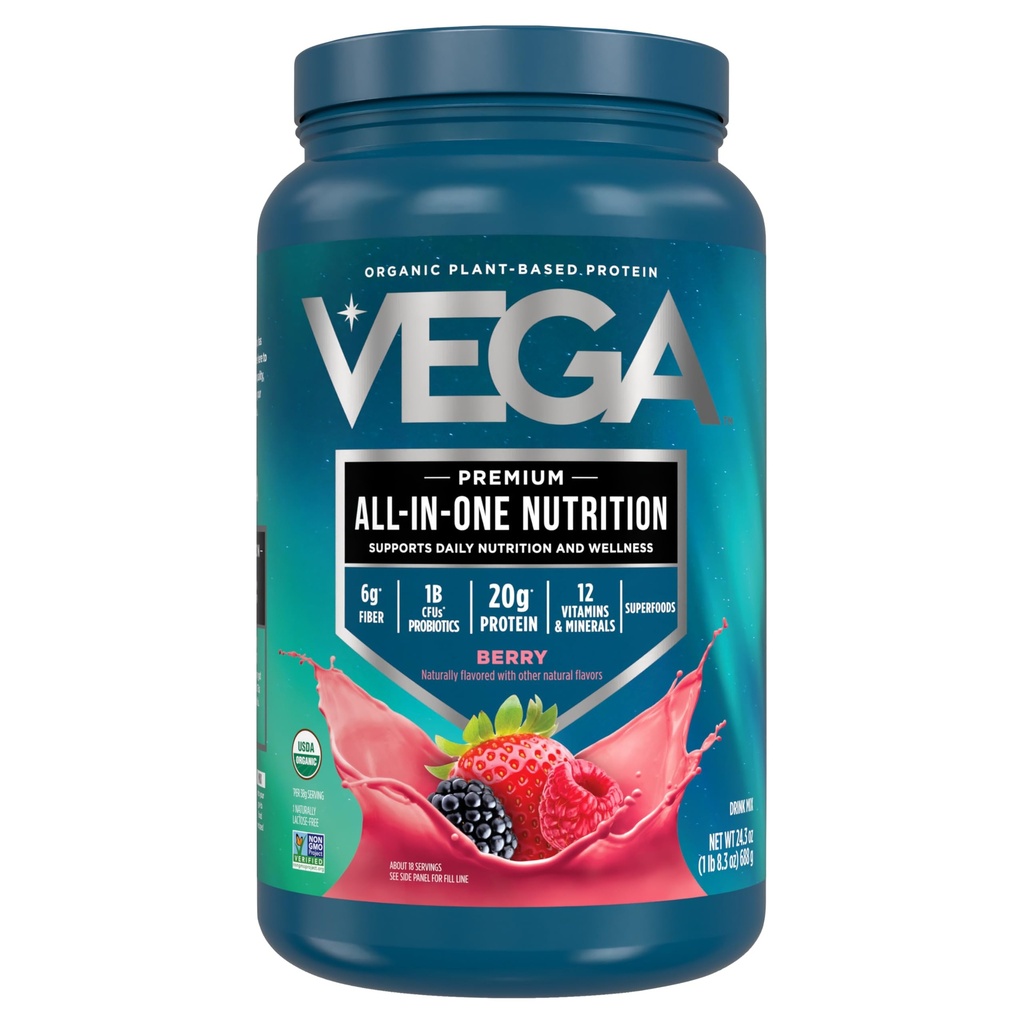 Vega 한 가지 영양 유기 - 20g 식물 기반 완두 단백질, 베리, 20 서빙, 비타민 A & C, 프로 바이오 틱스, 녹색, 채식, 케토, 글루텐 무료, 24.3oz (포장 월병)