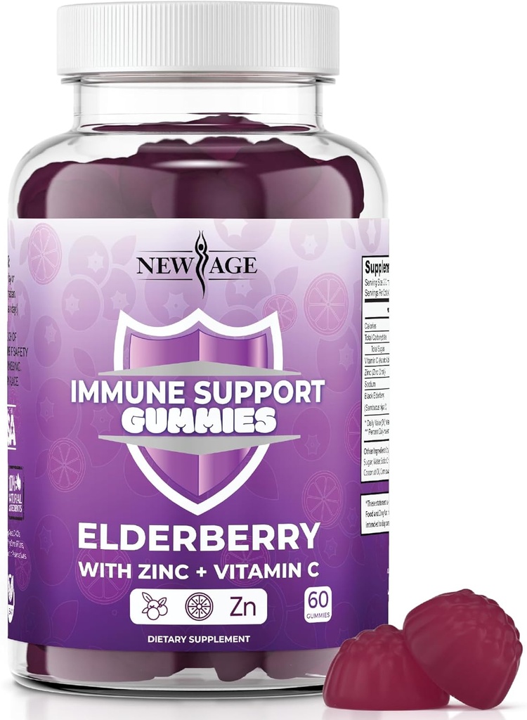NEW AGE 면역 체계 지원 Gummies - 비타민 C와 아연을 가진 Sambucus 검정 Elderberry Gummies (Immune 지원 60 Gummies)
