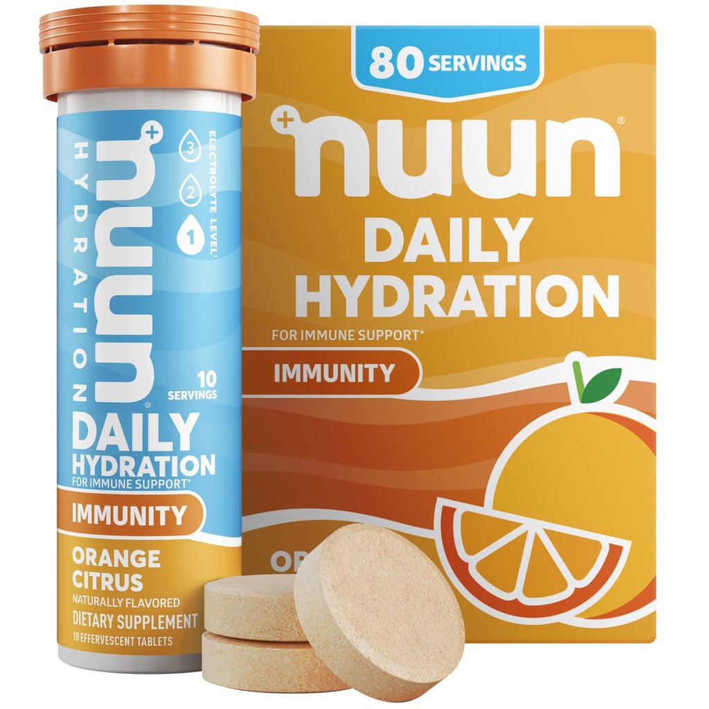 Nuun Immunity 비타민 D, C, E, & A, Ginger, Elderberry, 마그네슘 및 4 다른 필수 전해질, Vegan, 오렌지 감귤류, 8 팩 (80 서빙 총)